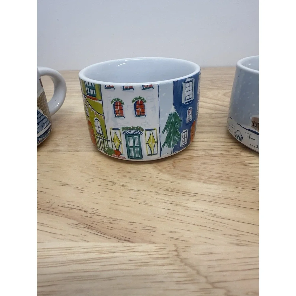 Set of‎ 4 PIER 1 Christmas Stackable Stoneware Mugs Village scene Vintage #25